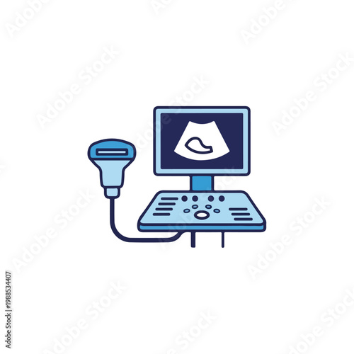 This image is a vector illustration of a medical ultrasound machine with a monitor, control panel, and a transducer probe, rendered in blue shades.