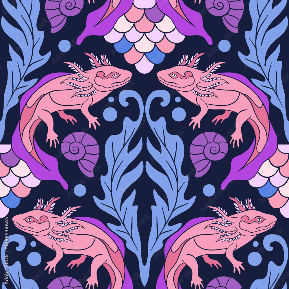 Obraz premium Beautiful Axolotl Art Nouveau Seamless Pattern with Shells and Aquatic Leaves on Dark Navy Background for Textile and Wallpaper