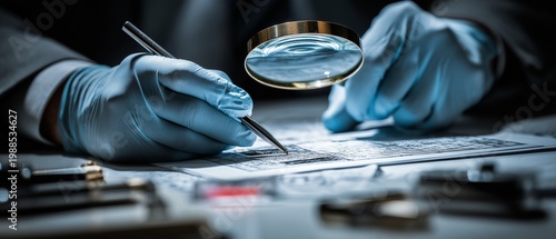 A forensic scientist examines evidence with a magnifying glass carefully