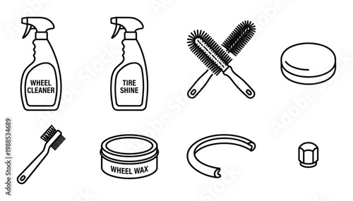 Automotive wheel cleaning and tire maintenance outline icon collection with brushes and wax bottles