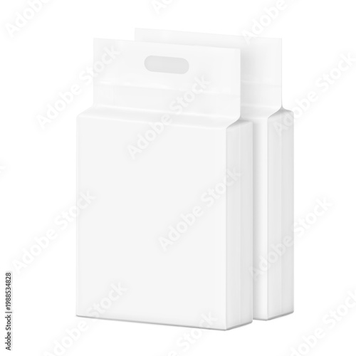 Vacuum bag with handle mockup set for cat litter. Half side view. Vector illustration isolated on white background. Ready for use in presentation, advertising. Scalable without lose quality. EPS10.