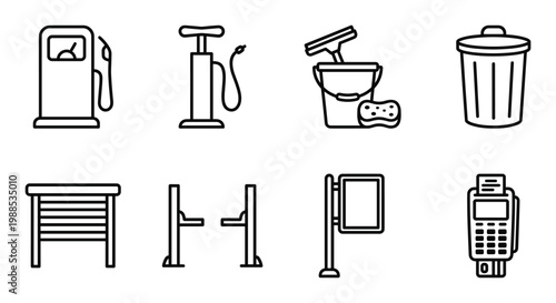 Automotive repair and maintenance line icons featuring gas pump tire pressure and car lift symbols