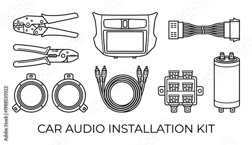 Car audio installation kit icons set including speakers radio head unit wires and electrical tools