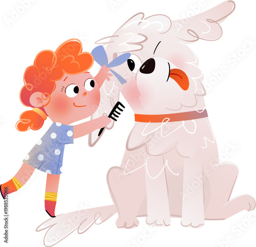 Cute girl brushing and grooming a dog, pet care cartoon for children. Vector clipart illustration.