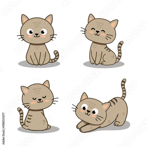 Set of funny cute cats in different poses in flat style. Cartoon kitten. Grey cat. Vector illustration 