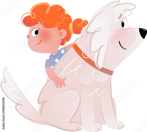 Cute Girl Sitting with Friend Dog Cartoon Scene for Children. Vector clipart illustration.