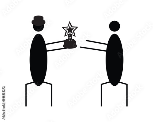 Minimalist stick figure awarding star trophy to another person, recognition and achievement concept, success reward icon, leadership and appreciation symbol