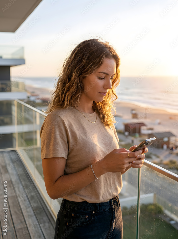 Obraz premium Woman checking her phone on a balcony at sunset