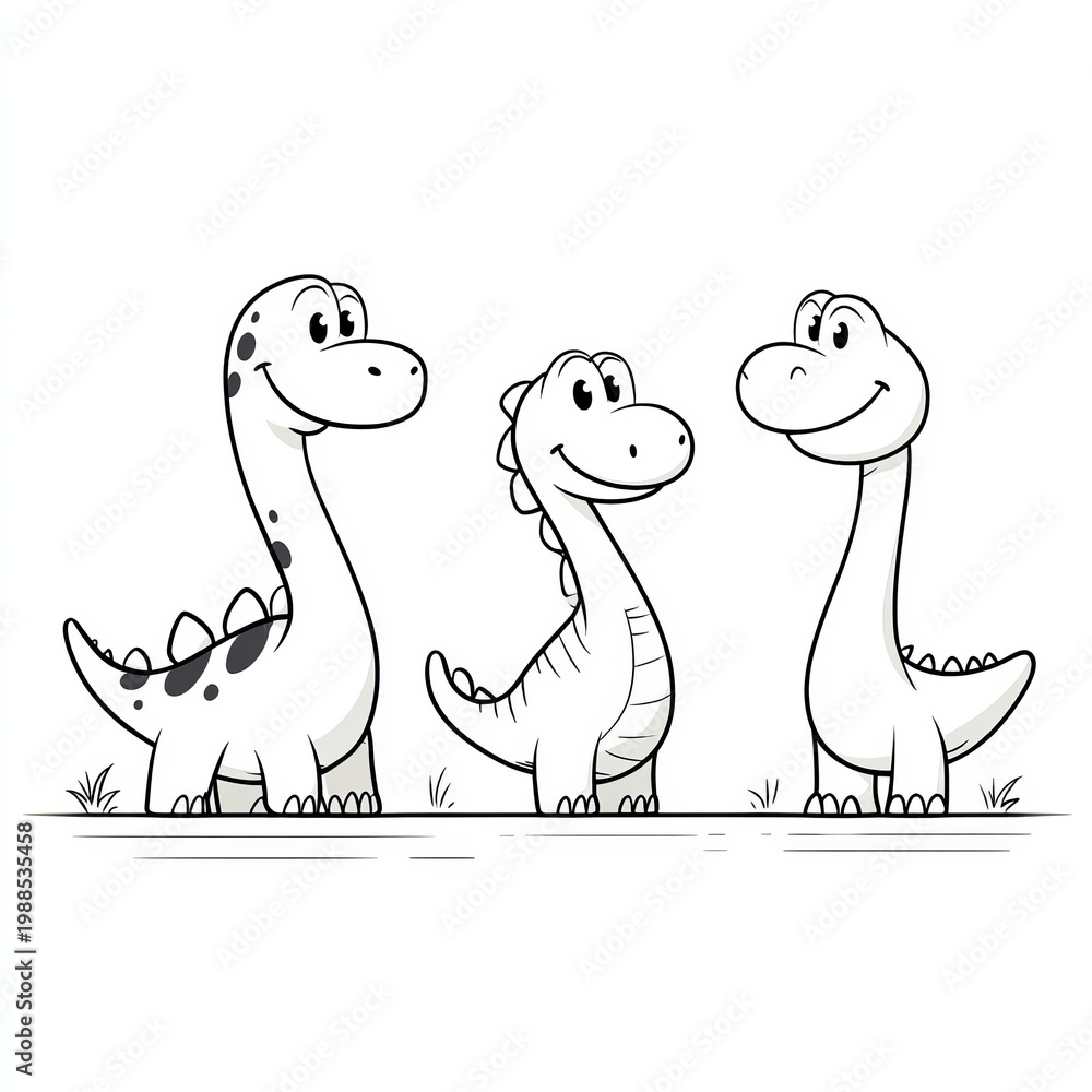 Obraz premium Three friendly dinosaurs standing together on simple ground, smiling, cartoon style illustration