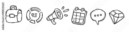 Business and marketing doodle line art set, hand drawn vector icons of diamond, calendar, megaphone and speech bubble, pie chart and briefcase for marketing, planning and financial success