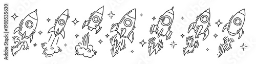 Rocket launch line art set, vector illustration of different spaceship flying up with fire flame. Startup and business growth icon collection for technology progress and success concept