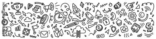 Business and startup hand drawn background, vector line art doodle illustration with rocket, trophy, puzzle, megaphone and target icons. Creative process and success concept pattern