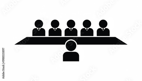 Team of conference speakers icon with black silhouettes and a central presenter figure on a podium platform