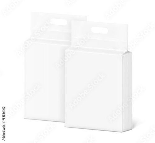 Vacuum bag with handle mockup set for cat litter. Half side view. Vector illustration isolated on white background. Ready for use in presentation, advertising. Scalable without lose quality. EPS10.