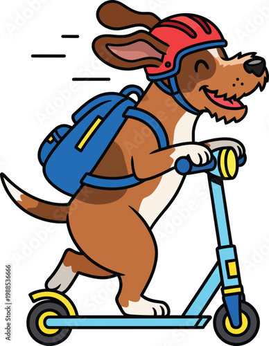 A happy dog wearing a helmet and backpack rides a scooter quickly outdoors.