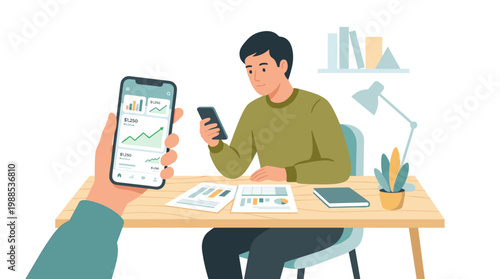 Focused man using smartphone at desk.