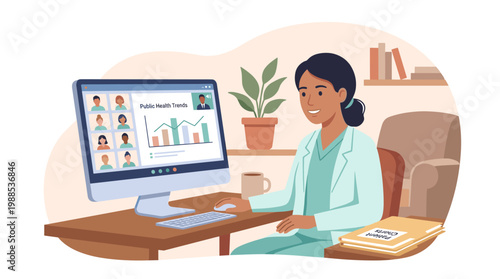 Professional woman working at computer during online meeting.