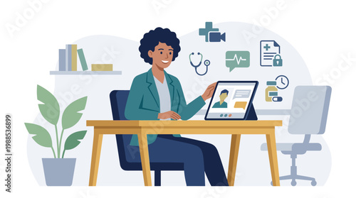 Female doctor at desk working on laptop.