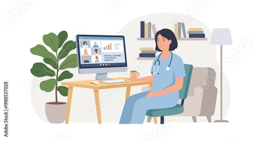 Female professional seated at desk working on computer.