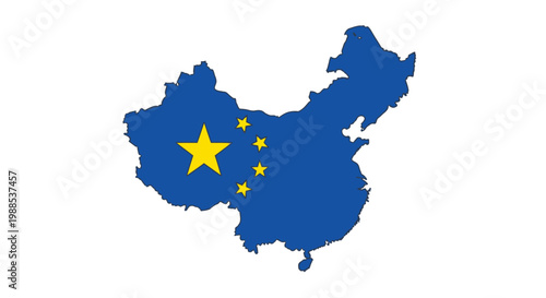 Conceptual Map of China with European Union Flag Colors on Isolated White Background