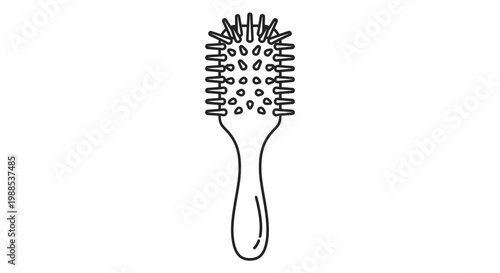Hairbrush with Detailed Bristles for Grooming in Outline Style on Isolated White Background