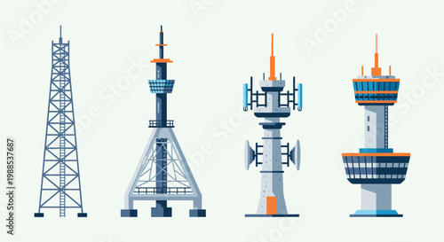 A white radio antenna and industrial TV tower silhouette stand against a blue sky, representing modern communication technology and energy industry power