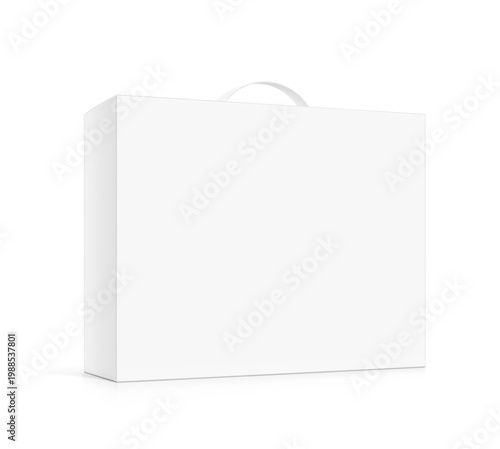 Carrying corrugated box case with plastic handle mockup. Half side view. Vector illustration isolated on white background. Ready and simple to use for your design. Scalable without lose quality. EPS10