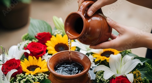 Water Pouring from Clay Jug into Flower Bowl