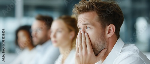 A stressed man covering his face in a meeting with colleagues