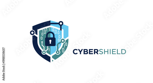 Cyber shield logo with lock and circuit.