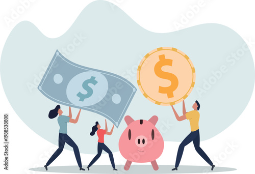 Family income .People making savings in piggy bank.person's life situation and his activities.