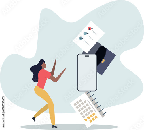Character planning work tasks, filling check list, making schedule using calendar. Business and organization concept.person's life situation and his activities.