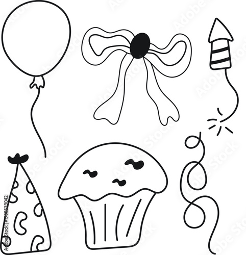 Hand Drawn Doodle Party Elements Set with Balloon.