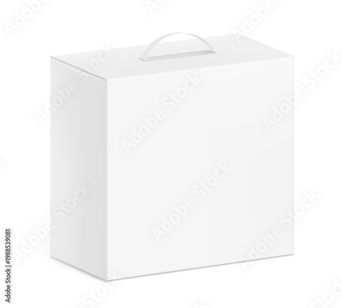 Carrying corrugated box case with plastic handle mockup. Half side view. Vector illustration isolated on white background. Ready and simple to use for your design. Scalable without lose quality. EPS10