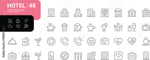 Clean and minimalist vector illustration showcasing a comprehensive set of hotel room amenities and services. Ideal for travel brochures, hospitality websites, and business presentations.