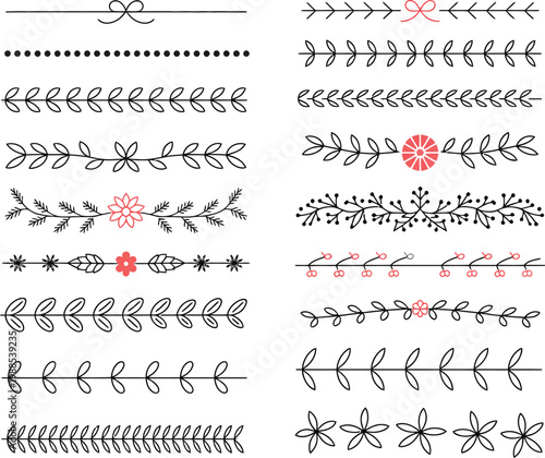 Winter Ornamental Divider Set Vector Illustration, Snowflakes, Floral Borders, and Christmas Themed Decorative Lines for Holiday Cards, Festive Invitations, and Seasonal Design