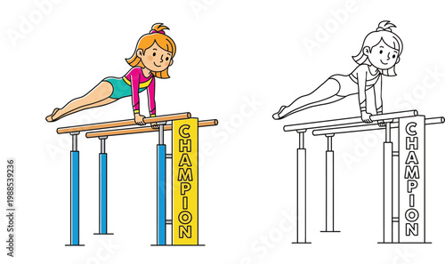 Little Girl Gymnast Performing on Parallel Bars Vector Illustration Set, Includes Colored and Black and White Coloring Page Outlines for Kids Sports and Champion Concept