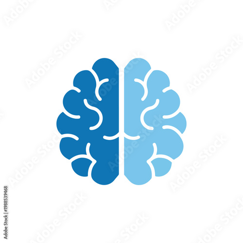 This minimalist vector illustration depicts a human brain divided into two shades of blue, representing the left and right mental hemispheres.