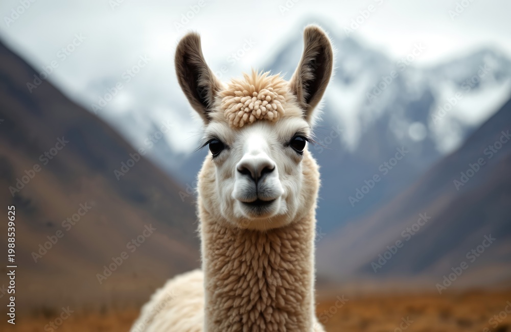Fototapeta premium Llama looks forward in Andes mountains. Fluffy mammal stands in natural Andean landscape. Domestic animal gazes ahead near mountain peaks. Explore South America.