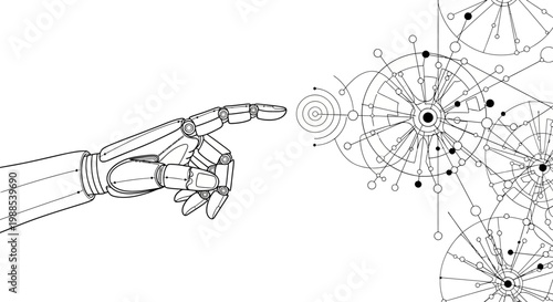 Minimalist robotic hand touching circular digital interface, futuristic tech line art.