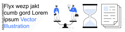 Decision making, time management, efficiency, task prioritization, work-life balance, productivity. Two professionals on a balance scale, hourglass and documents. Decision making and time management