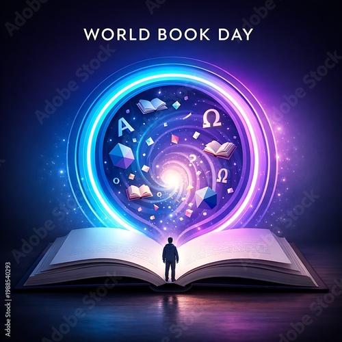 A person stands in front of an open book with a glowing spiral of symbols and objects emerging from it on World Book Day