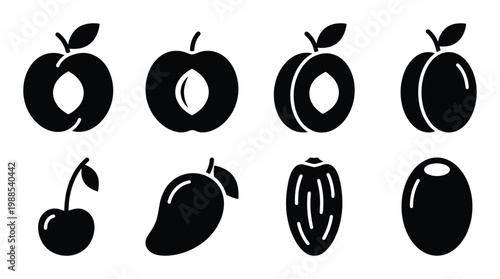 Collection of various fruits including peach, plum, cherry, mango, date, and olive vector icons