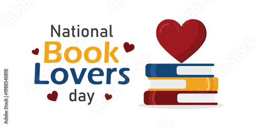 National Book Lovers Day illustration with stacked books and heart symbol minimalist reading concept