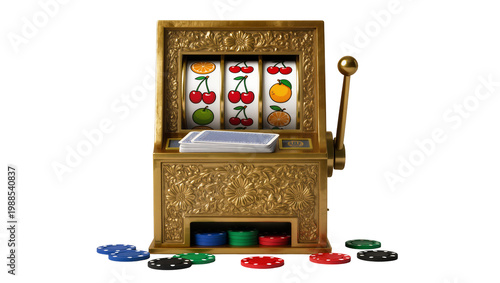 Obraz na płótnie Antique golden slot machine with cherry and orange symbols, isolated on transpar