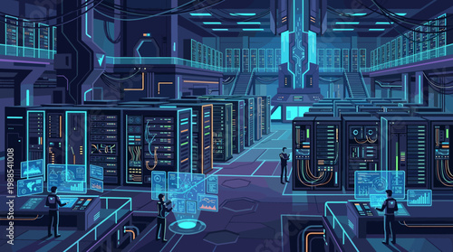 Vector illustration of a futuristic data center with multiple server racks, glowing interfaces, and engineers managing data. Ideal for tech, cybersecurity, and cloud computing themes.