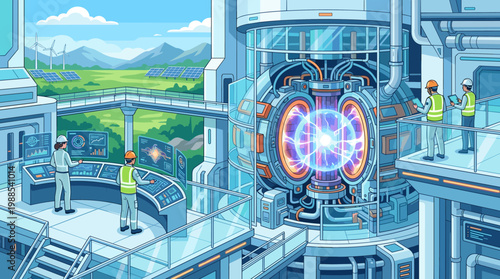 Futuristic clean energy concept. Engineers monitor a fusion reactor and sustainable power from wind turbines/solar panels in a green landscape. Ideal for science, tech, and environmental themes.