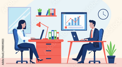 Two professionals in an office setting work diligently at their desks, surrounded by organizational tools and data displays