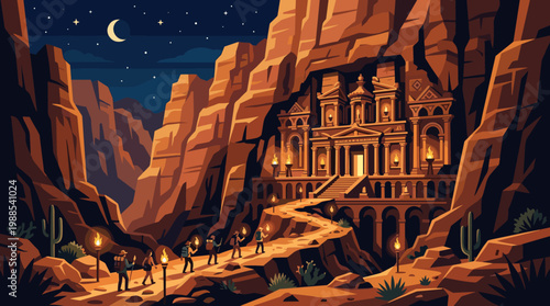 Vector illustration of Petra's Al-Khazneh at night, illuminated by torches as travelers explore the ancient site. Mysterious desert landscape under a starry sky, ideal for travel and history themes.