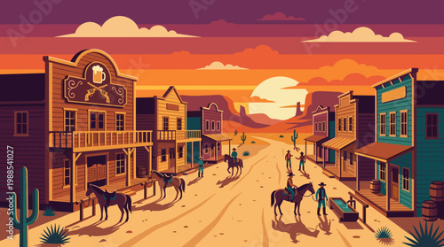 Vibrant flat vector of a wild west town at golden sunset, with cowboys, horses, and desert scenery. Evokes adventure, ideal for digital media.